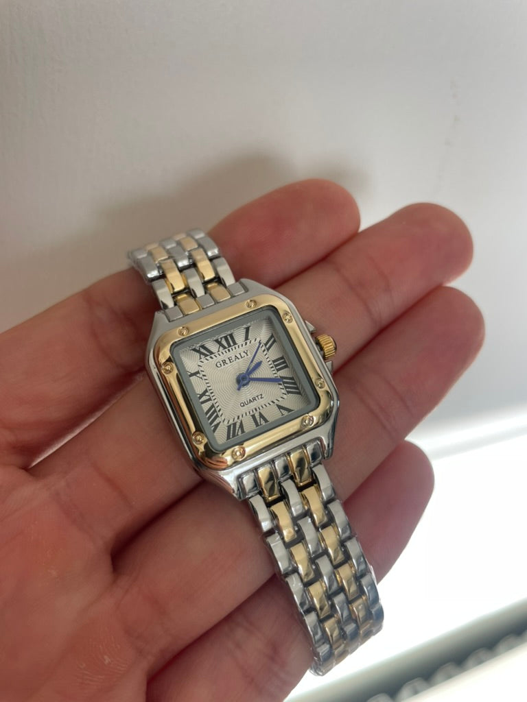 Women's Silver and Gold Rectangle Watch – White Dial, Stainless Steel Strap, Elegant Quartz Design