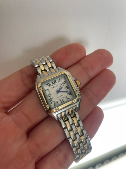 Women's Silver and Gold Rectangle Watch – White Dial, Stainless Steel Strap, Elegant Quartz Design