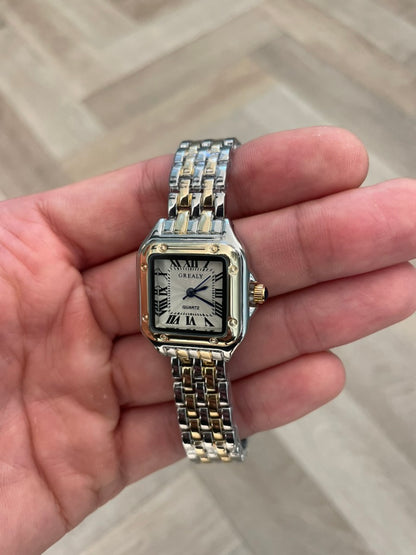Women's Silver and Gold Rectangle Watch – White Dial, Stainless Steel Strap, Elegant Quartz Design