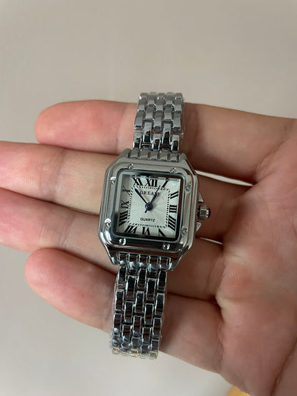 Women's Silver Rectangle Watch – White Dial, Stainless Steel Strap, Elegant Quartz Design