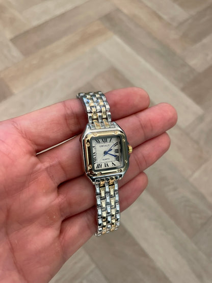 Women's Silver and Gold Rectangle Watch – White Dial, Stainless Steel Strap, Elegant Quartz Design
