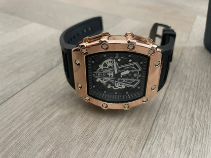 Luxury Rose Gold Tonneau Watch – Stainless Steel, Luminous & Sporty