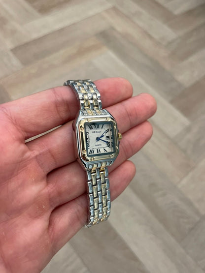 Women's Silver and Gold Rectangle Watch – White Dial, Stainless Steel Strap, Elegant Quartz Design