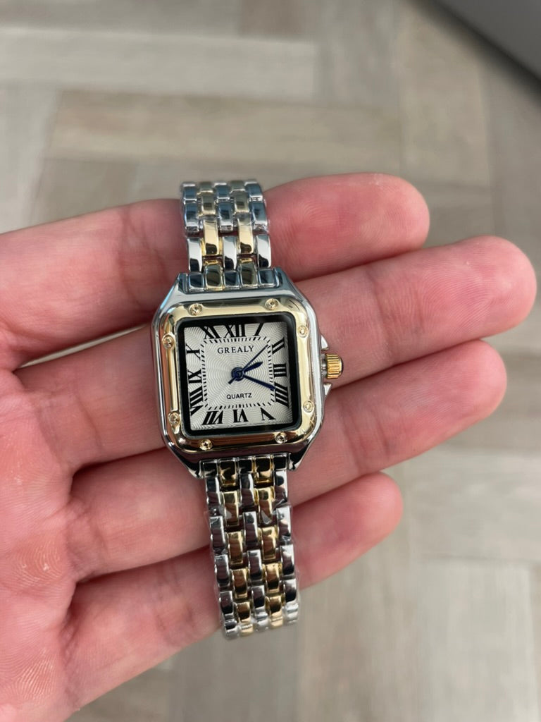 Women's Silver and Gold Rectangle Watch – White Dial, Stainless Steel Strap, Elegant Quartz Design