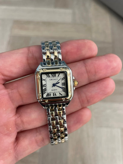 Women's Silver and Gold Rectangle Watch – White Dial, Stainless Steel Strap, Elegant Quartz Design