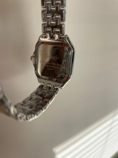 Women's Silver and Gold Rectangle Watch – White Dial, Stainless Steel Strap, Elegant Quartz Design