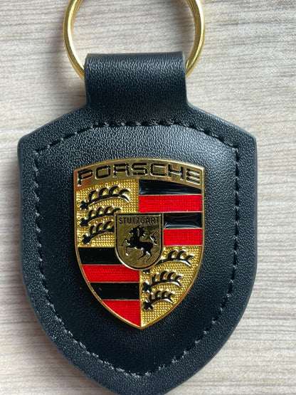 Porsche Leather Keyring – Black Crested Key Ring for Porsche 911, Panamera, Cayenne, Taycan, Macan, Carrera GT, 718, 928, 944, 968