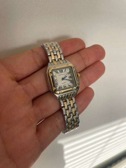 Women's Silver and Gold Rectangle Watch – White Dial, Stainless Steel Strap, Elegant Quartz Design