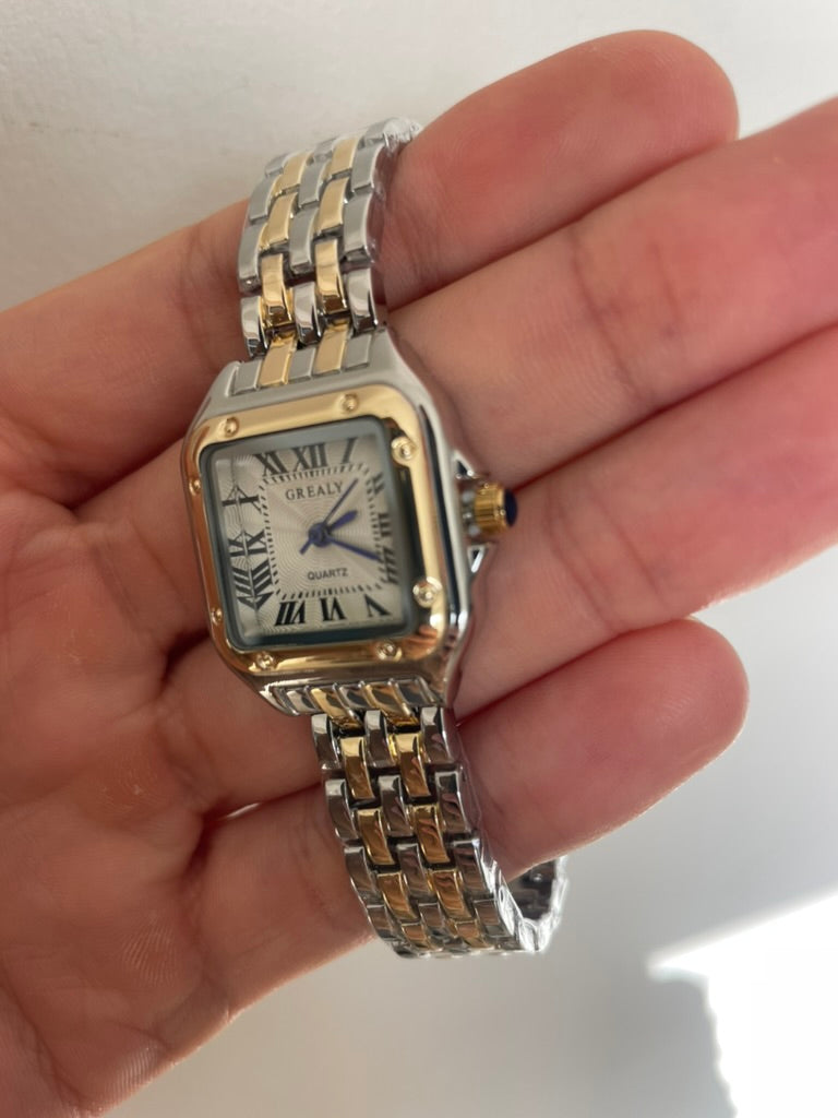 Women's Silver and Gold Rectangle Watch – White Dial, Stainless Steel Strap, Elegant Quartz Design
