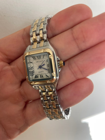 Women's Silver and Gold Rectangle Watch – White Dial, Stainless Steel Strap, Elegant Quartz Design