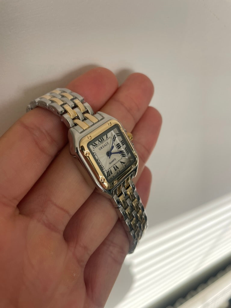 Women's Silver and Gold Rectangle Watch – White Dial, Stainless Steel Strap, Elegant Quartz Design