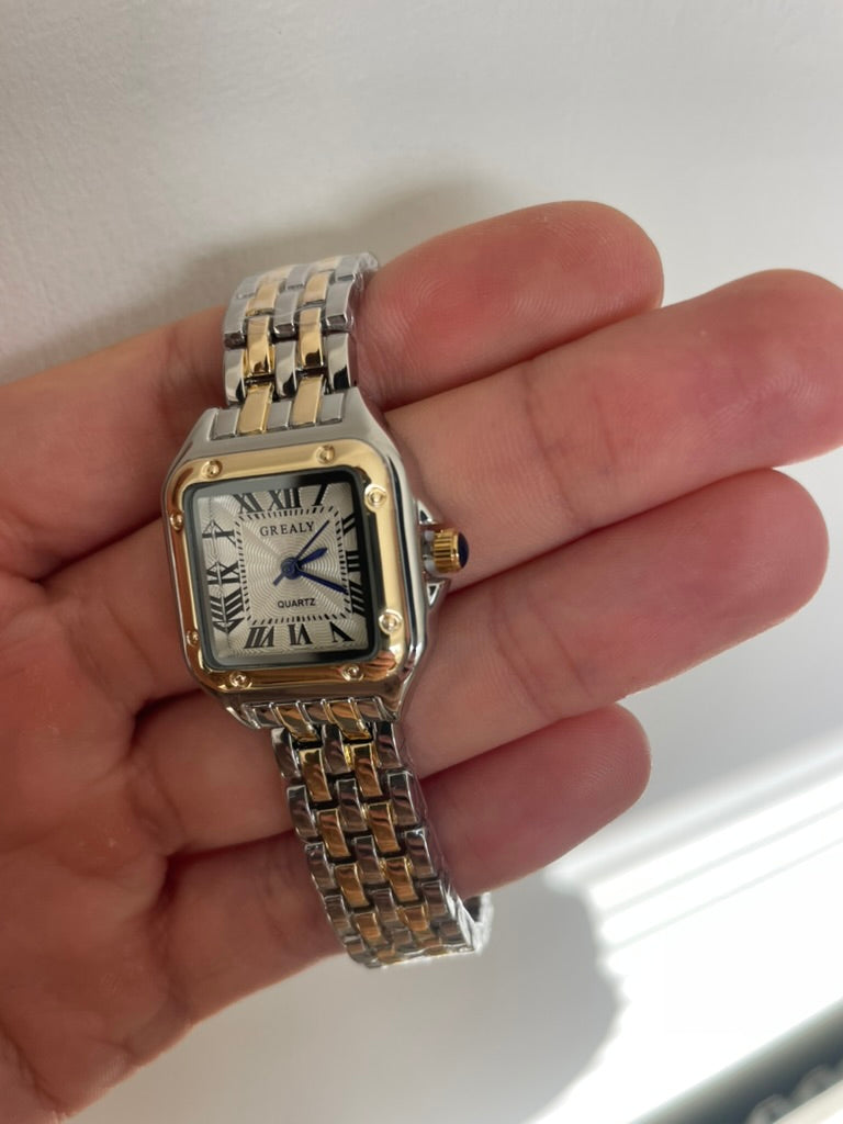 Women's Silver and Gold Rectangle Watch – White Dial, Stainless Steel Strap, Elegant Quartz Design