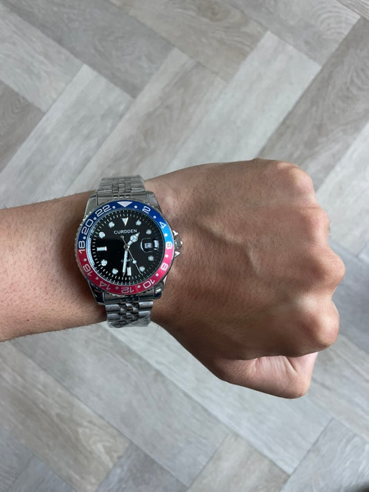 Men's Silver Watch – Black Dial, Blue & Red Bezel, Jubilee Strap