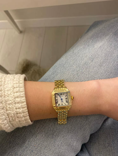 Women's Gold Rectangle Watch – White Dial, Stainless Steel Strap, Elegant Quartz Design