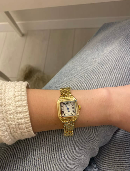 Women's Gold Rectangle Watch – White Dial, Stainless Steel Strap, Elegant Quartz Design