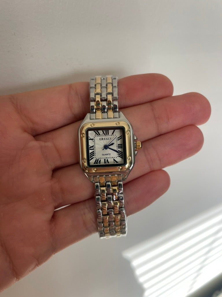 Women's Silver and Gold Rectangle Watch – White Dial, Stainless Steel Strap, Elegant Quartz Design