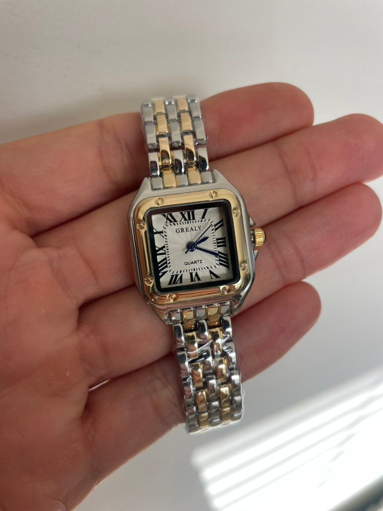 Women's Silver and Gold Rectangle Watch – White Dial, Stainless Steel Strap, Elegant Quartz Design