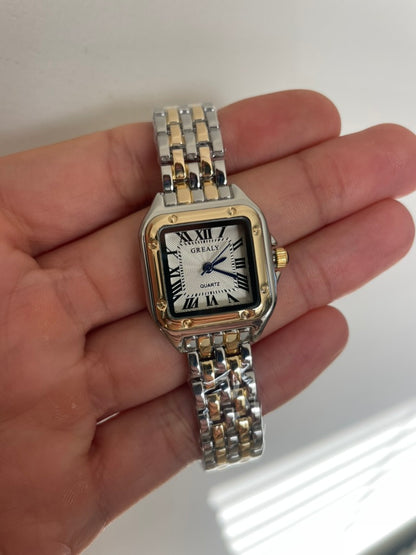 Women's Silver and Gold Rectangle Watch – White Dial, Stainless Steel Strap, Elegant Quartz Design
