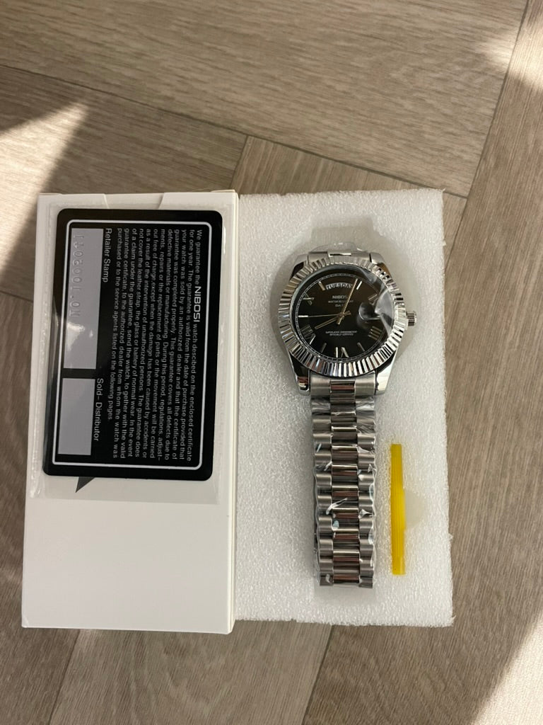 Men's Silver Day Date Watch Quartz with Black Dial