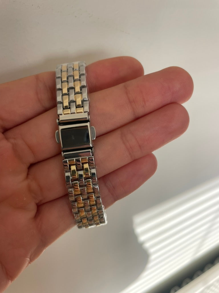 Women's Silver and Gold Rectangle Watch – White Dial, Stainless Steel Strap, Elegant Quartz Design