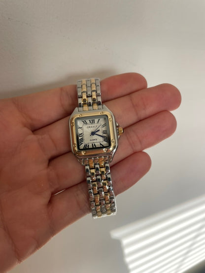 Women's Silver and Gold Rectangle Watch – White Dial, Stainless Steel Strap, Elegant Quartz Design