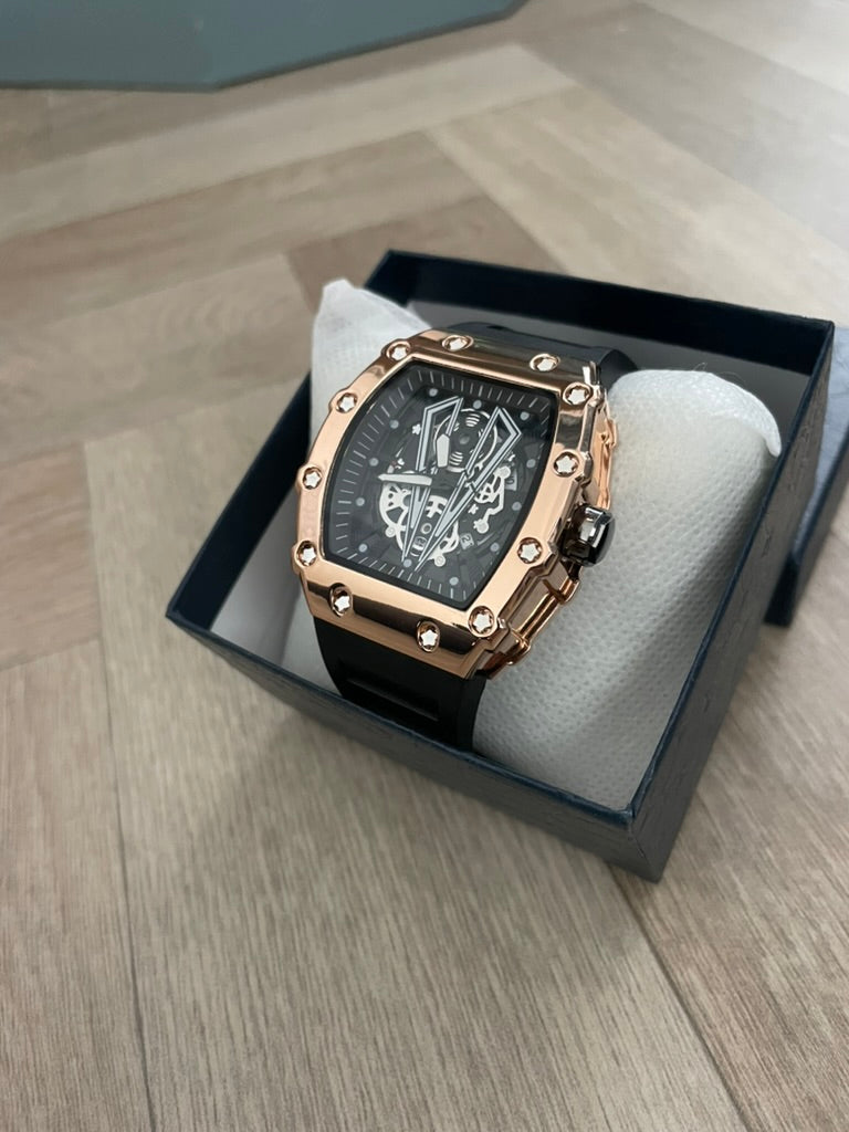 Luxury Rose Gold Tonneau Watch – Stainless Steel, Luminous & Sporty