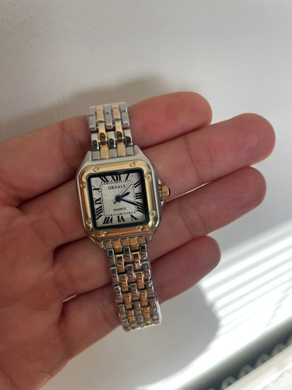 Women's Silver and Gold Rectangle Watch – White Dial, Stainless Steel Strap, Elegant Quartz Design