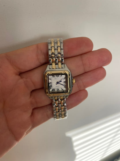 Women's Silver and Gold Rectangle Watch – White Dial, Stainless Steel Strap, Elegant Quartz Design