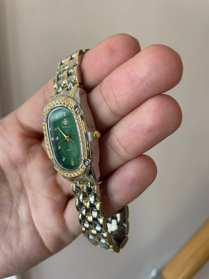 Luxury Green Dial Gold & Silver Women's Watch – Elegant Crystal Accent Quartz Timepiece