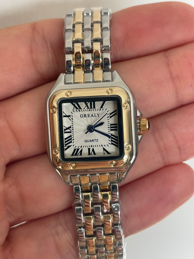 Women's Silver and Gold Rectangle Watch – White Dial, Stainless Steel Strap, Elegant Quartz Design