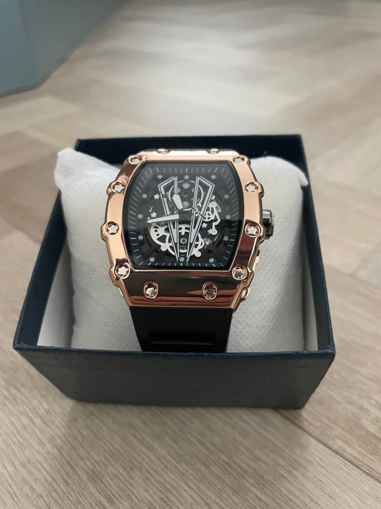 Luxury Rose Gold Tonneau Watch – Stainless Steel, Luminous & Sporty