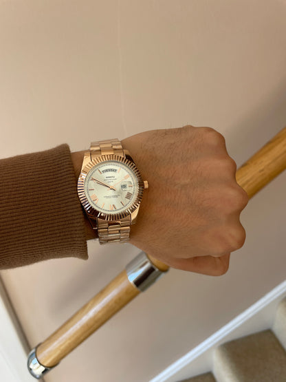 Men's Rose Gold Day Date Watch Quartz with White Dial