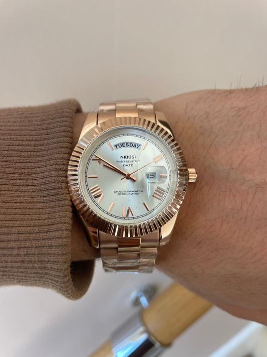 Men's Rose Gold Day Date Watch Quartz with White Dial