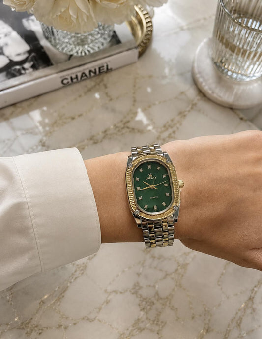 Luxury Green Dial Gold & Silver Women's Watch – Elegant Crystal Accent Quartz Timepiece