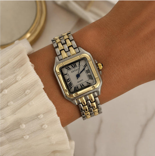 Women's Silver and Gold Rectangle Watch – White Dial, Stainless Steel Strap, Elegant Quartz Design