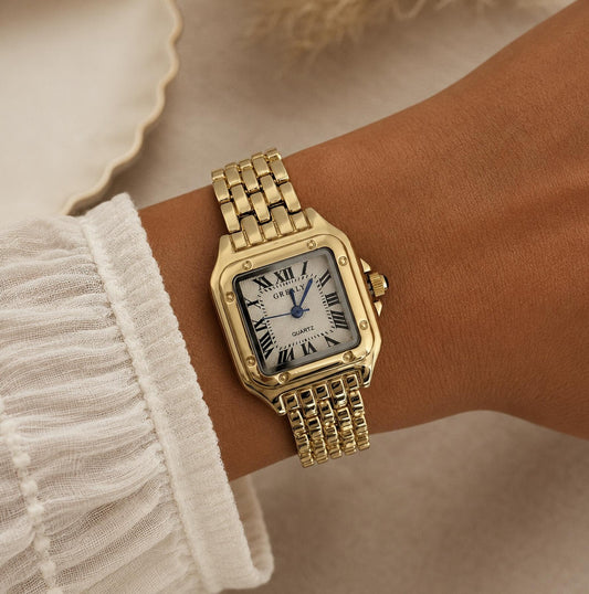 Women's Gold Rectangle Watch – White Dial, Stainless Steel Strap, Elegant Quartz Design