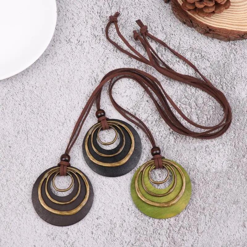 Green Pendant Necklace – Boho Statement Necklace – Long Cord Necklace – Gift for Her