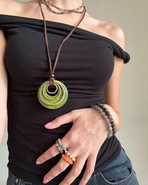 Green Pendant Necklace – Boho Statement Necklace – Long Cord Necklace – Gift for Her