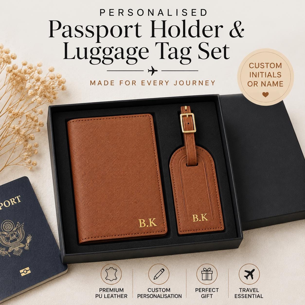 Personalised Passport Holder & Luggage Tag Set, Custom Initials Name PU Leather Travel Wallet Gift Honeymoon