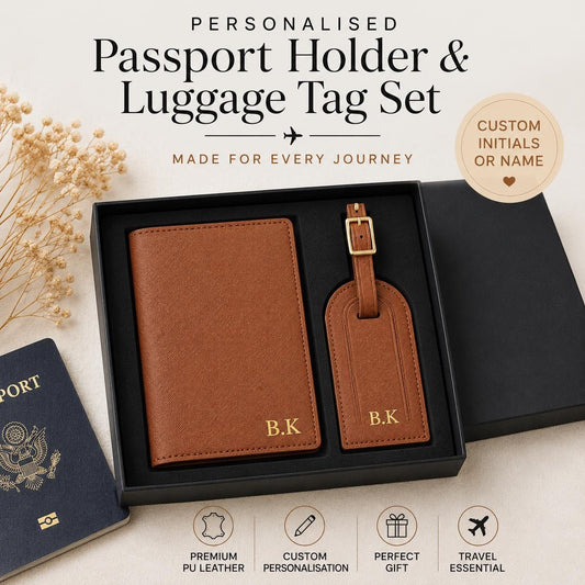 Personalised Passport Holder & Luggage Tag Set, Custom Initials Name PU Leather Travel Wallet Gift Honeymoon