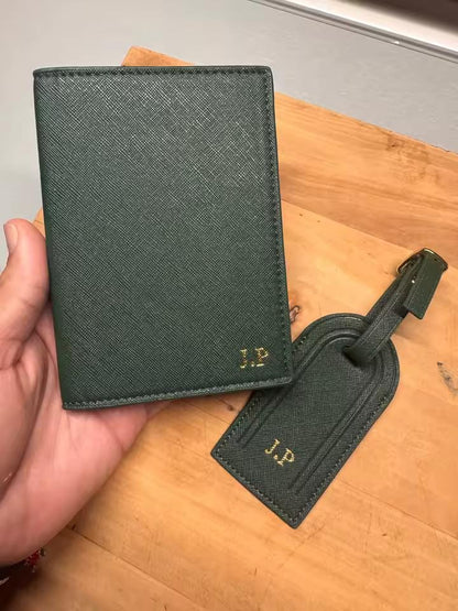 Personalised Passport Holder & Luggage Tag Set, Custom Initials Name PU Leather Travel Wallet Gift Honeymoon