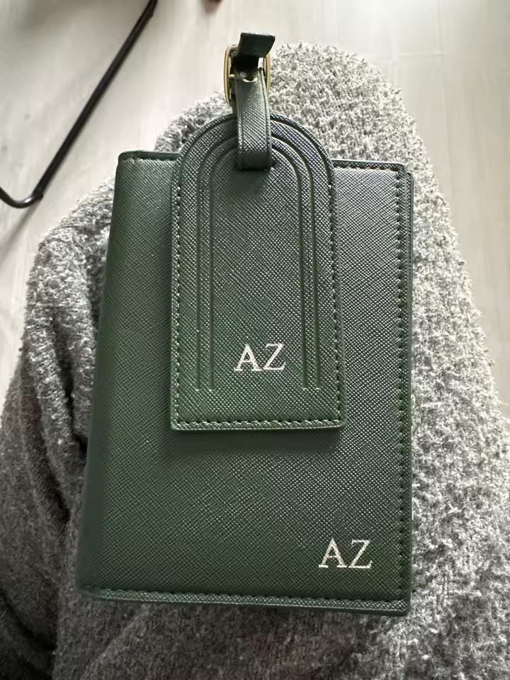 Personalised Passport Holder & Luggage Tag Set, Custom Initials Name PU Leather Travel Wallet Gift Honeymoon