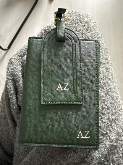 Personalised Passport Holder & Luggage Tag Set, Custom Initials Name PU Leather Travel Wallet Gift Honeymoon