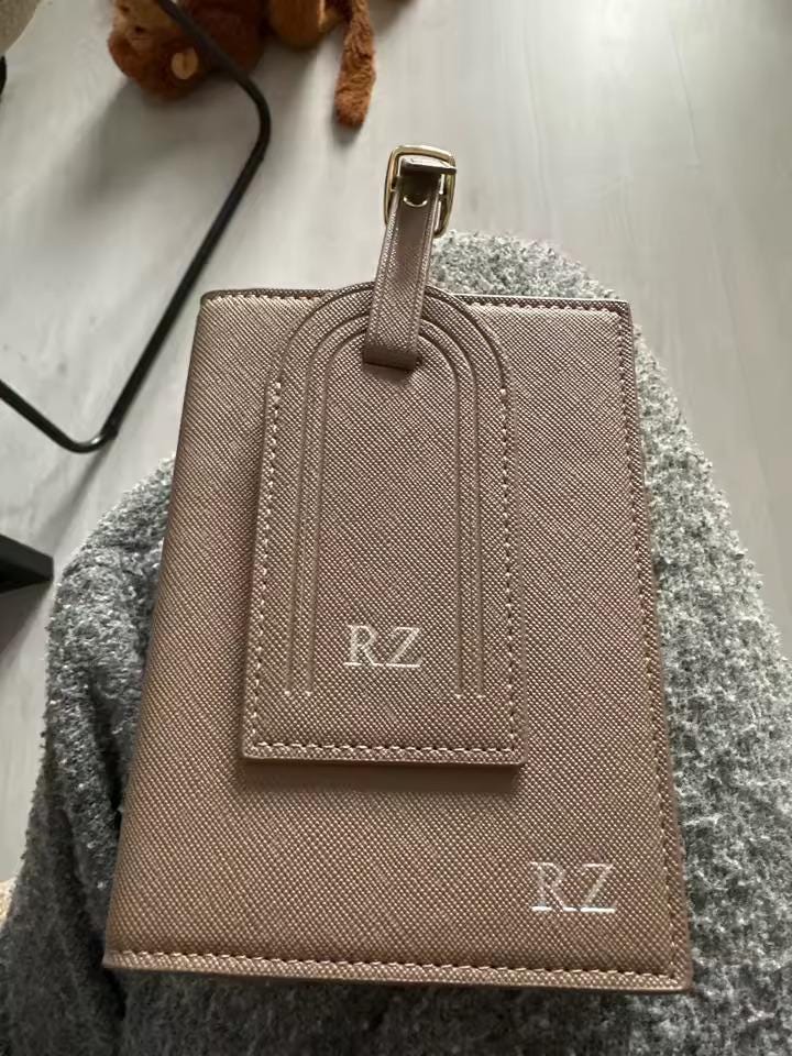 Personalised Passport Holder & Luggage Tag Set, Custom Initials Name PU Leather Travel Wallet Gift Honeymoon
