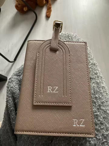 Personalised Passport Holder & Luggage Tag Set, Custom Initials Name PU Leather Travel Wallet Gift Honeymoon