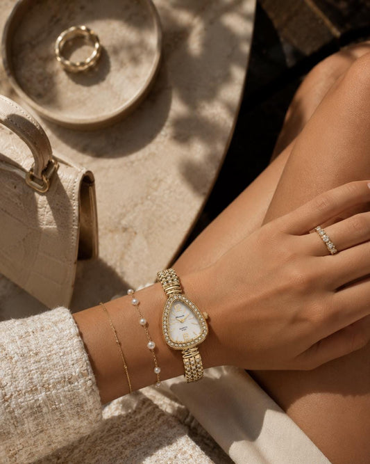 Women's Gold Crystal Watch, Elegant Bracelet Watch, Luxury Quartz Dress Watch Gift for Her