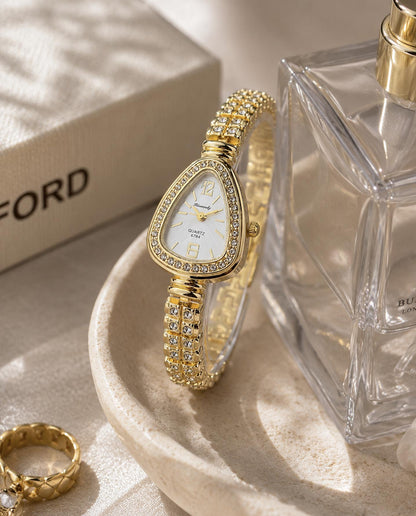 Women's Gold Crystal Watch, Elegant Bracelet Watch, Luxury Quartz Dress Watch Gift for Her