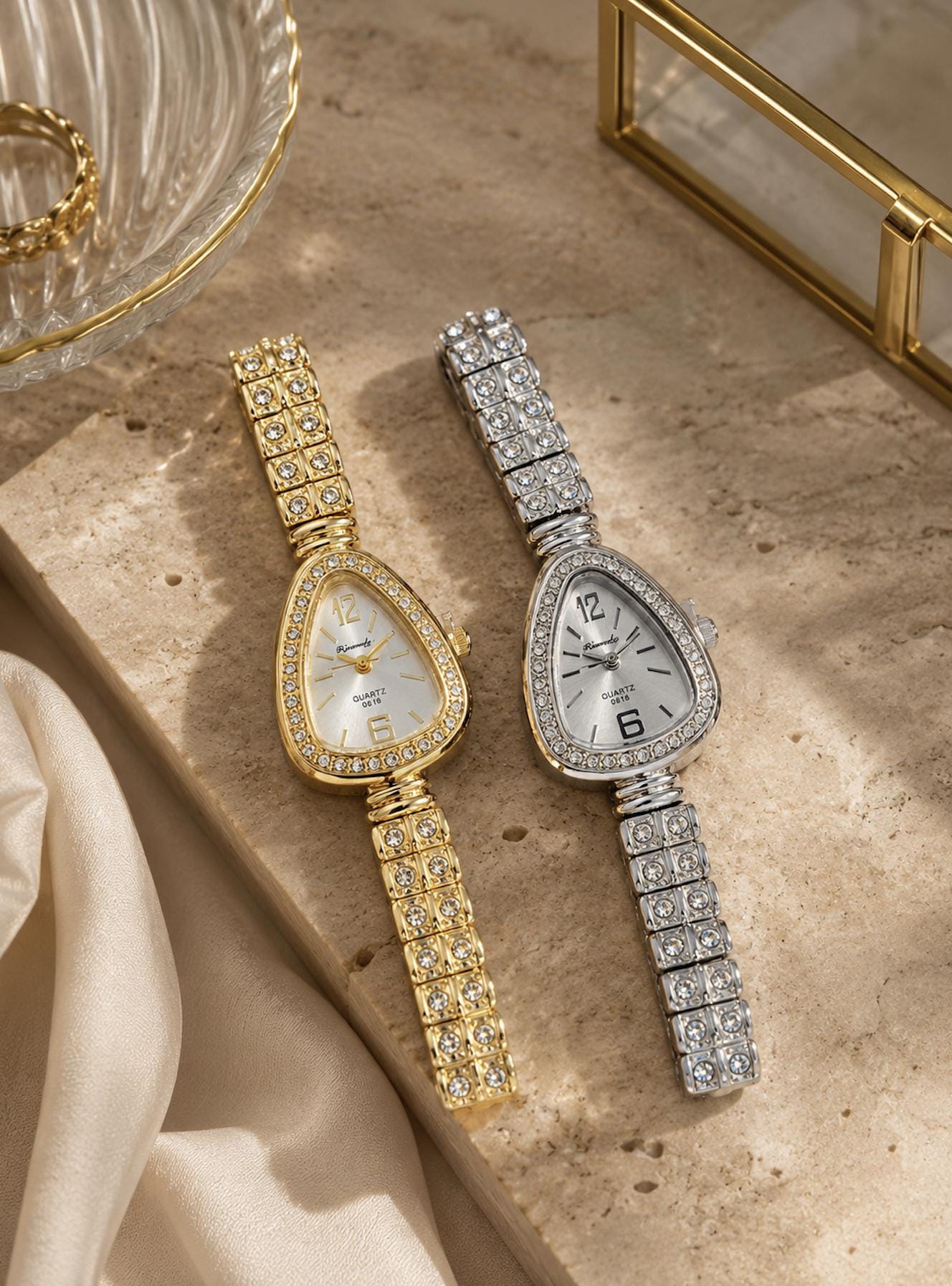 Women's Gold Crystal Watch, Elegant Bracelet Watch, Luxury Quartz Dress Watch Gift for Her