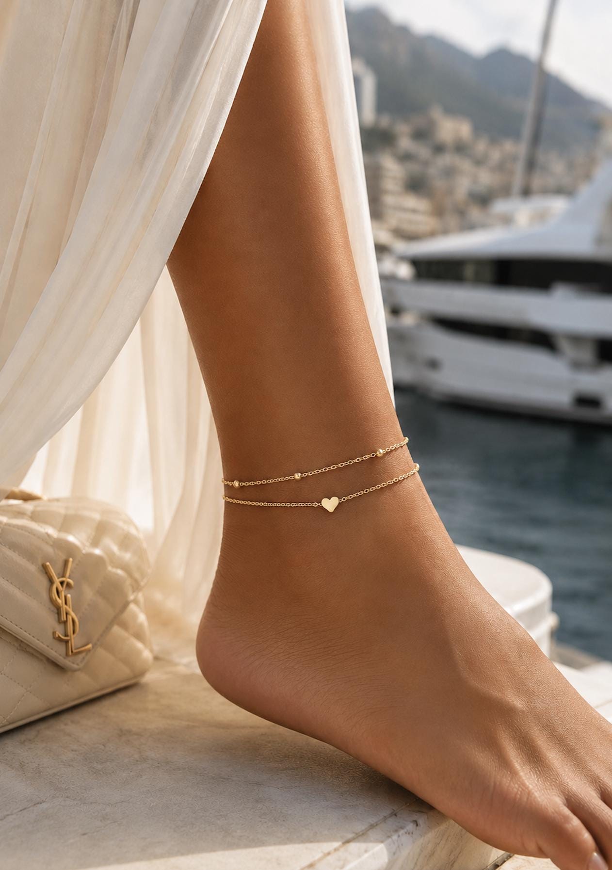 Minimalist Double Layer Heart Anklet • Gold Silver Beach Foot Jewelry • Dainty Ankle Bracelet