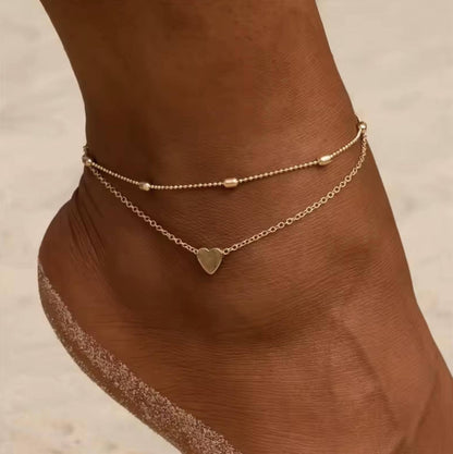 Minimalist Double Layer Heart Anklet • Gold Silver Beach Foot Jewelry • Dainty Ankle Bracelet